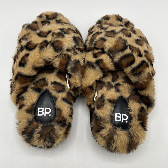 BP. Sz M 7 / 8 Animal Print Slippers Open Toe Crisscross Furry Fuzzy - Picture 3 of 7